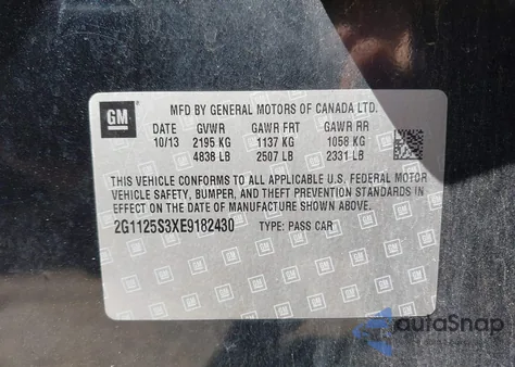 2014 Chevrolet Impala 2Lt из США, поврежденный, VIN 2G1125S3XE9182430